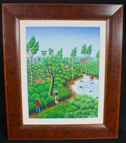 Framed Oil on Canvas signed Galate Dominique Haiti Art Naif