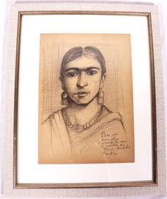 Framed Portrait Pencil and charcoal Drawing on Paper of Frida Kahlo