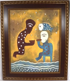 Framed Mixed Media on Canvas signed Mendive and dated 2001 titled LA COMIDA