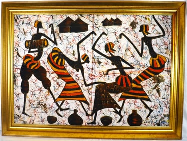 Framed Oil on linen signed H E lower right African Art Painting