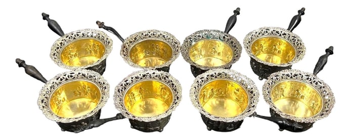 A set of 8 German Sterling Silver Sauce Boat . Wood handled sauce boat stamped.