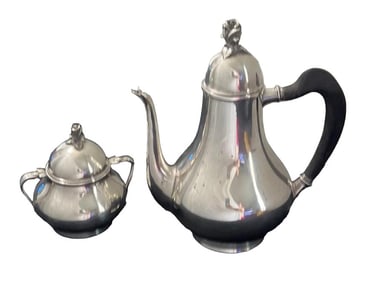 Tiffany & Co makers, sterling silver, Tea pot with Ebony handle and sugar pot.