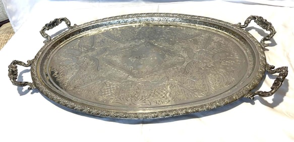 Large, silver-plated Tray with four handles