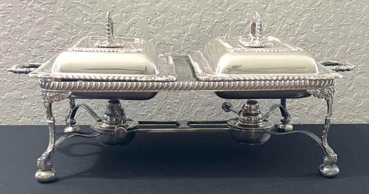 An English Silver-Plated Double Chafing Dish.