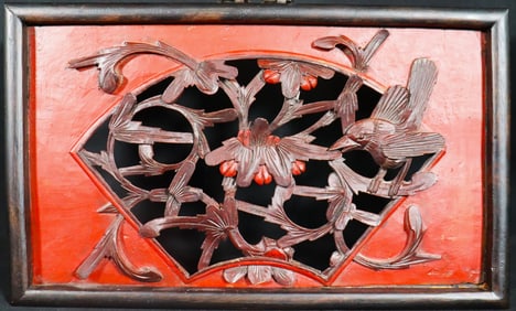 Antique Chinese wood Carved Panel  Cunninghamia wood, Bird and flowers wall Plaque