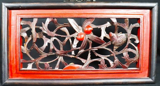 Antique Chinese wood Carved Panel  Cunninghamia wood, Bird and flowers wall Plaque