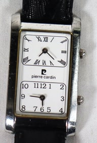A Vintage Pierre Cardin Dual Time Quartz Watch. Black leather strap