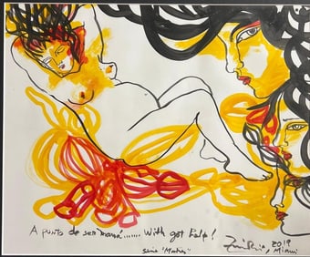 Zaida DEL RIO (1954) Cuban art. Framed watercolor on cardboard signed and dated.