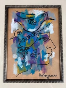 Framed Gouache on Paper signed Rene Portocarrero (Cuban, 1912-1985) and dated. 77