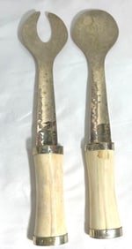 Vintage Modernist Nickel Plated Bone Handle Salad Serving Utensils