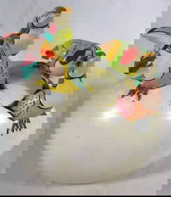 Lourdes Rodriguez Mexican "Hatchling" egg sculpture with four colorful bids. Signed