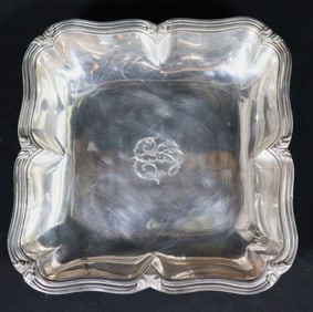 French Sterling silver square bowl with scrolled edge with monogramed in the middle