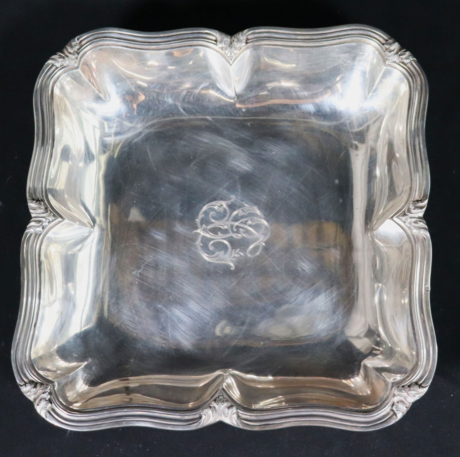 French Sterling silver square bowl with scrolled edge with monogramed in the middle (1 of 7)