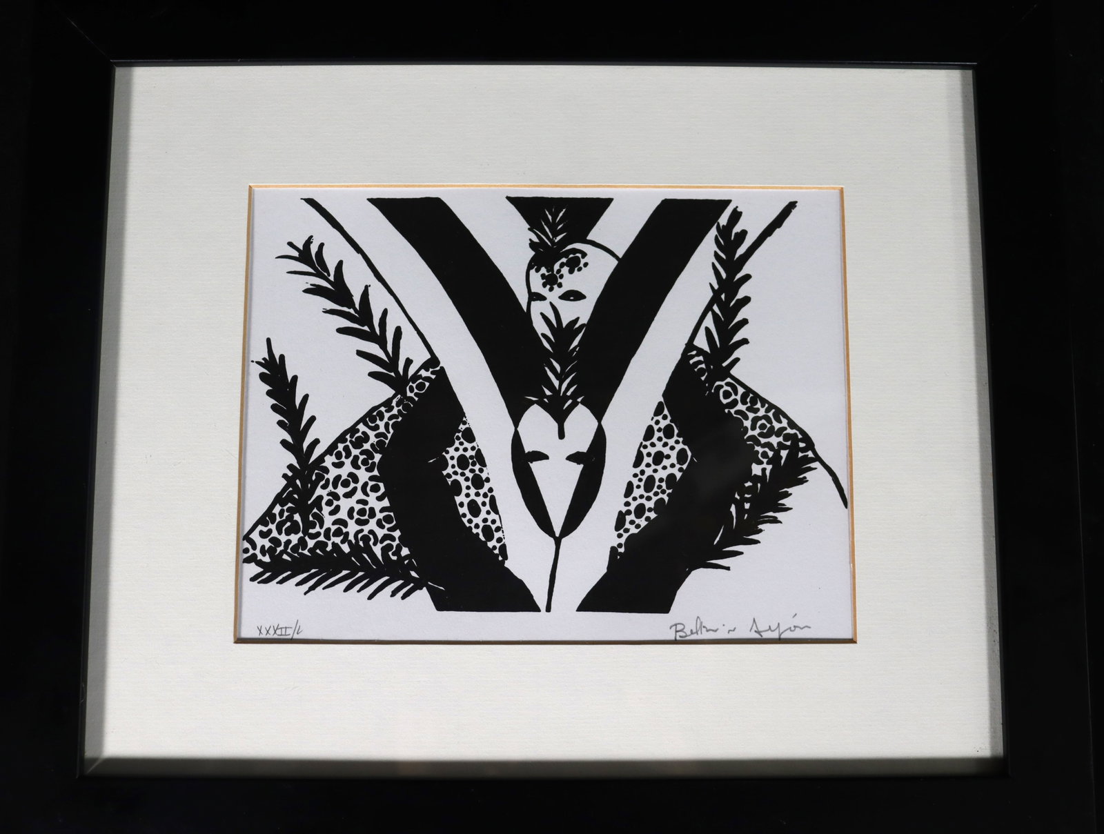 Framed Collagraphy signed Belkis Ayon (Cuba 1967-1999) lower right and numbered lower left: Framed Collagraphy signed Belkis Ayon (Cuba 1967-1999) lower right and numbered lower left Belkis Ayon was a Cuban printmaker who specialized in the technique of collography. Ayon created large, highl
