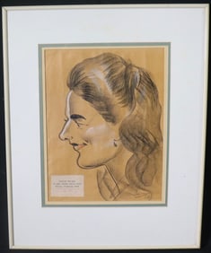 Framed Caricura of Eloise Moreau Made in France by Jaime Valls Diaz 1926 crayon on kraft paper