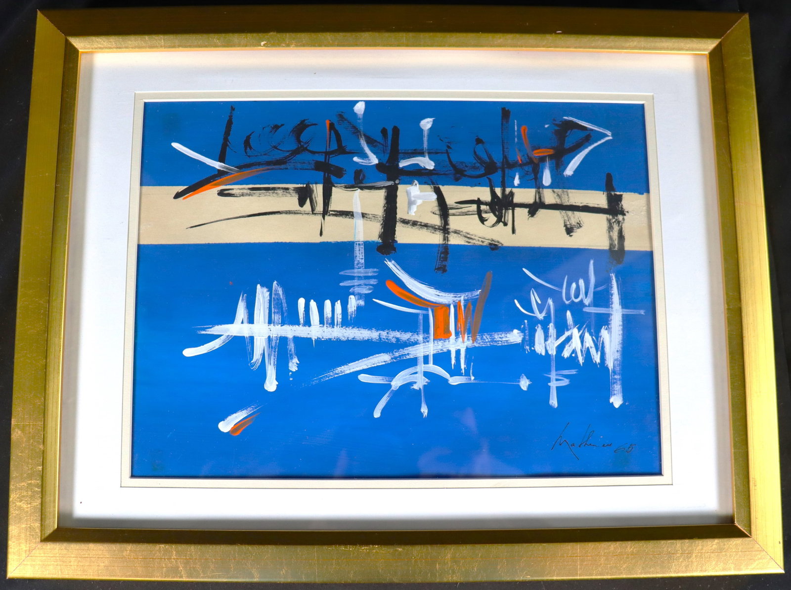 Framed Mixed Media on Paper signed Mathieu and dated 65 Abstract: Framed Mixed Media on Paper signed Mathieu and dated 65 Abstract, we do not have COA for this piece therefore being sold in the manner of Georges Mathieu (French, 1921-2012). DIMENSIONS wit