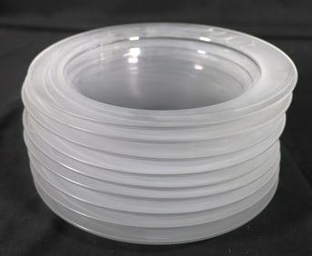 Nine Vintage white glass plates with frosted glass on the rim