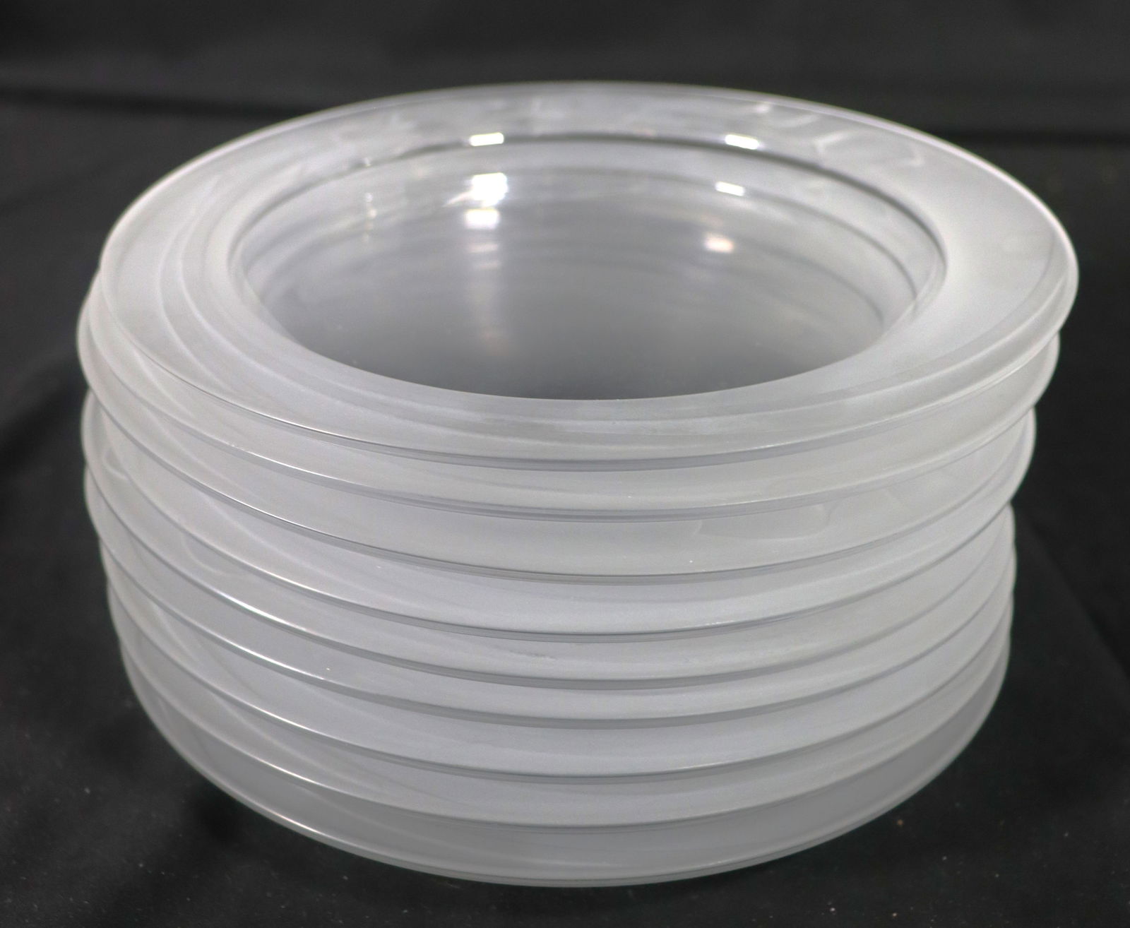 Nine Vintage white glass plates with frosted glass on the rim