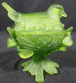 vintage Westmorland Glass Frosted Satin Green Footed Bird Nest Candy Dish