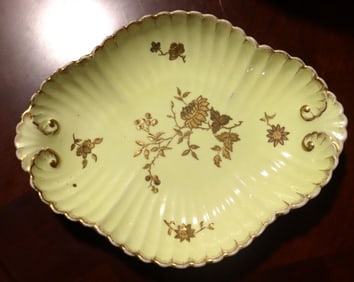Royal crown derby Porcelain Dish gold flowers and leaf on yellow background