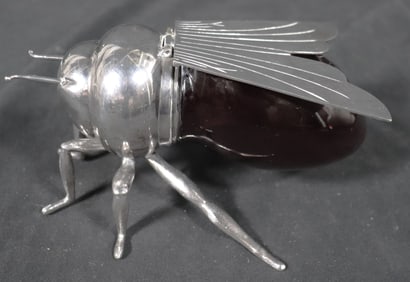 Silver Plate Honeybee Pot Cranberry/Purple Glass Vessell