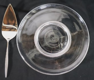 Nambe Braid Pedestal Glass Cake Plate with Cake Server Dessert Display Stand