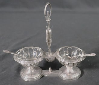French Antique Double Salters on Stand with Salt Spoons