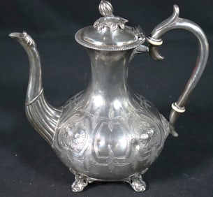 Victorian Style silver coffee pot, engraved with a band of foliate and floral work, the scrolling