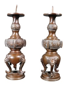 Japanese Bronze Pricket Candlesticks Meiji