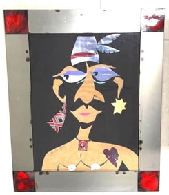 Metallic frame and collage and mixed media on cardboard, signed lower left.