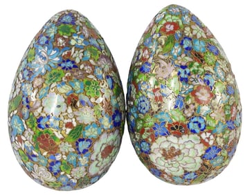 Pair of Large Cloisonne Egg Bronze Enamel Deep Carved Chinese Oriental China