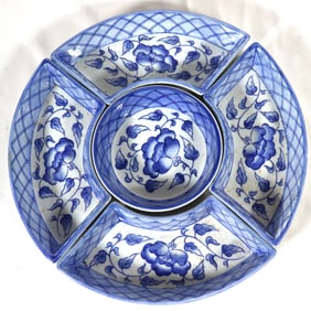 Vintage Chinese Blue Flower Porcelain Snack Tray with Appetizer Bowls