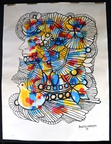 UNFRAMED Mixed Media on Paper signed PORTOCARRERO lower right and dated 1978