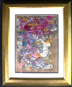 Framed Mixed Media Gouache and watercolor on paper Signed Rene Portocarrero (Cuban, 1912-1985) and