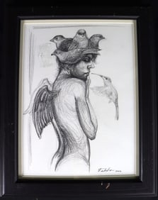 Framed charcoal on paper signed FABELO and dated 2002