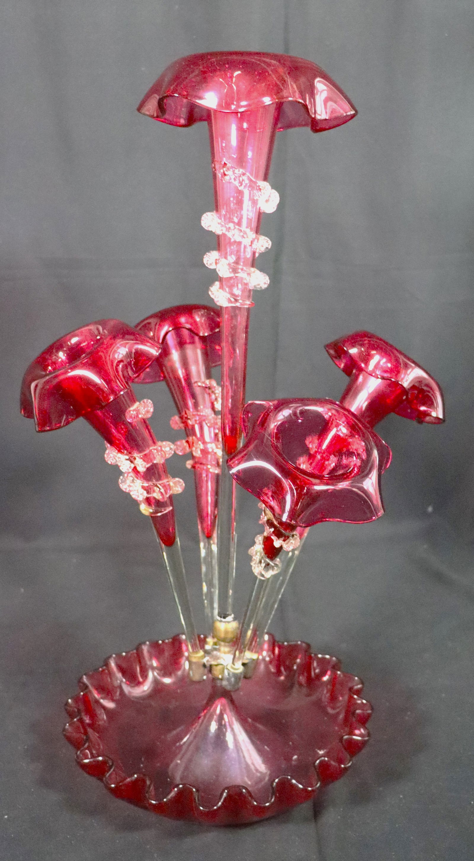 Victorian Cranberry Art Glass Epergne: Victorian Ruby Glass Epergne with Clear Baskets Five trumpet epergnes with twist and scrolled canes DIMENSIONS: Height 20.50 inch / 52 cm &nbs