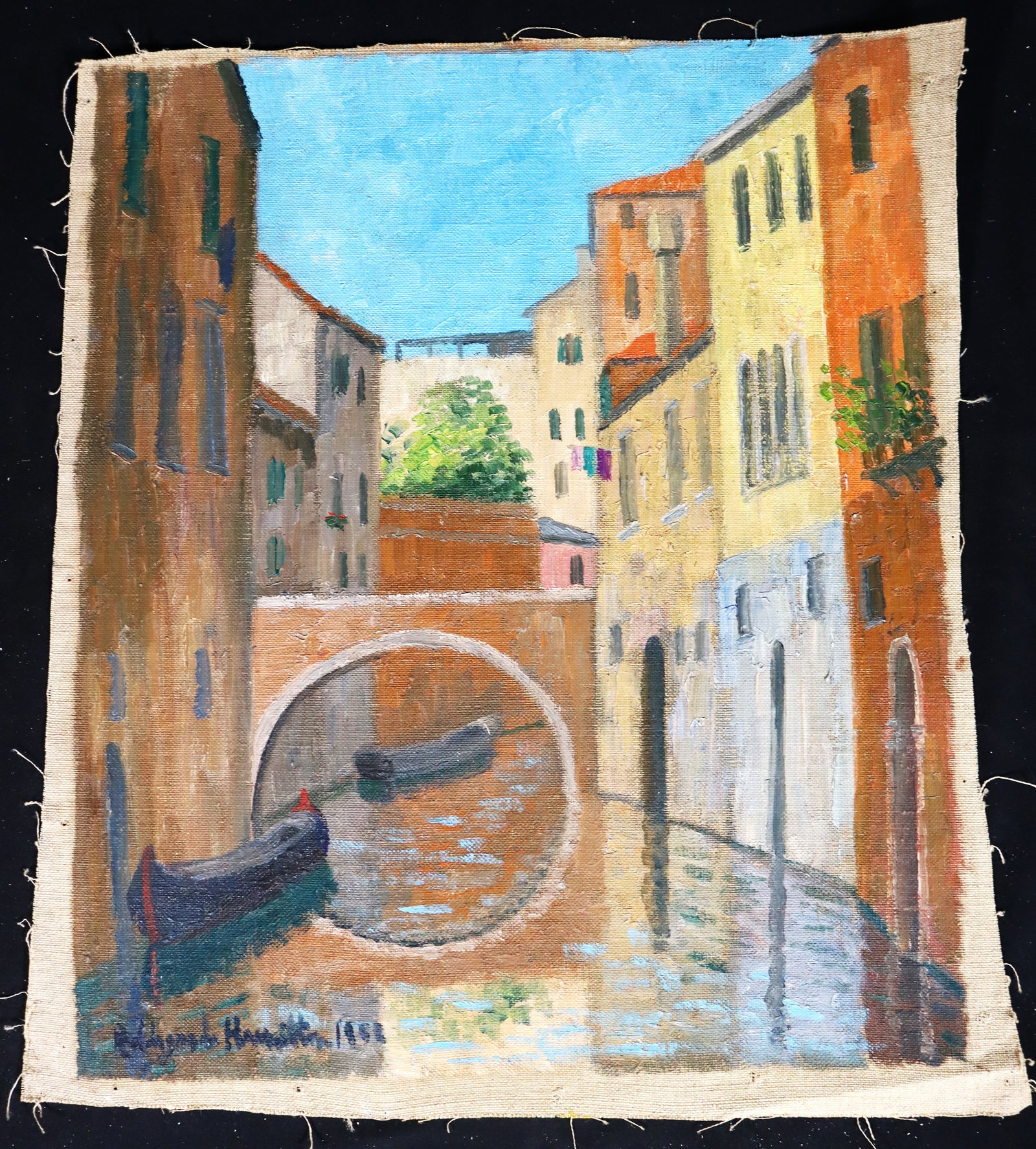 Unframed Oil on canvas signed Hildegarde Hamilton and dated: Unframed Oil on canvas signed Hildegarde Hamilton and dated, Venice Hildegarde Hamilton, American (1898 - 1970) DIMENSIONS: Height 18 inch / 45,7 cm &nb