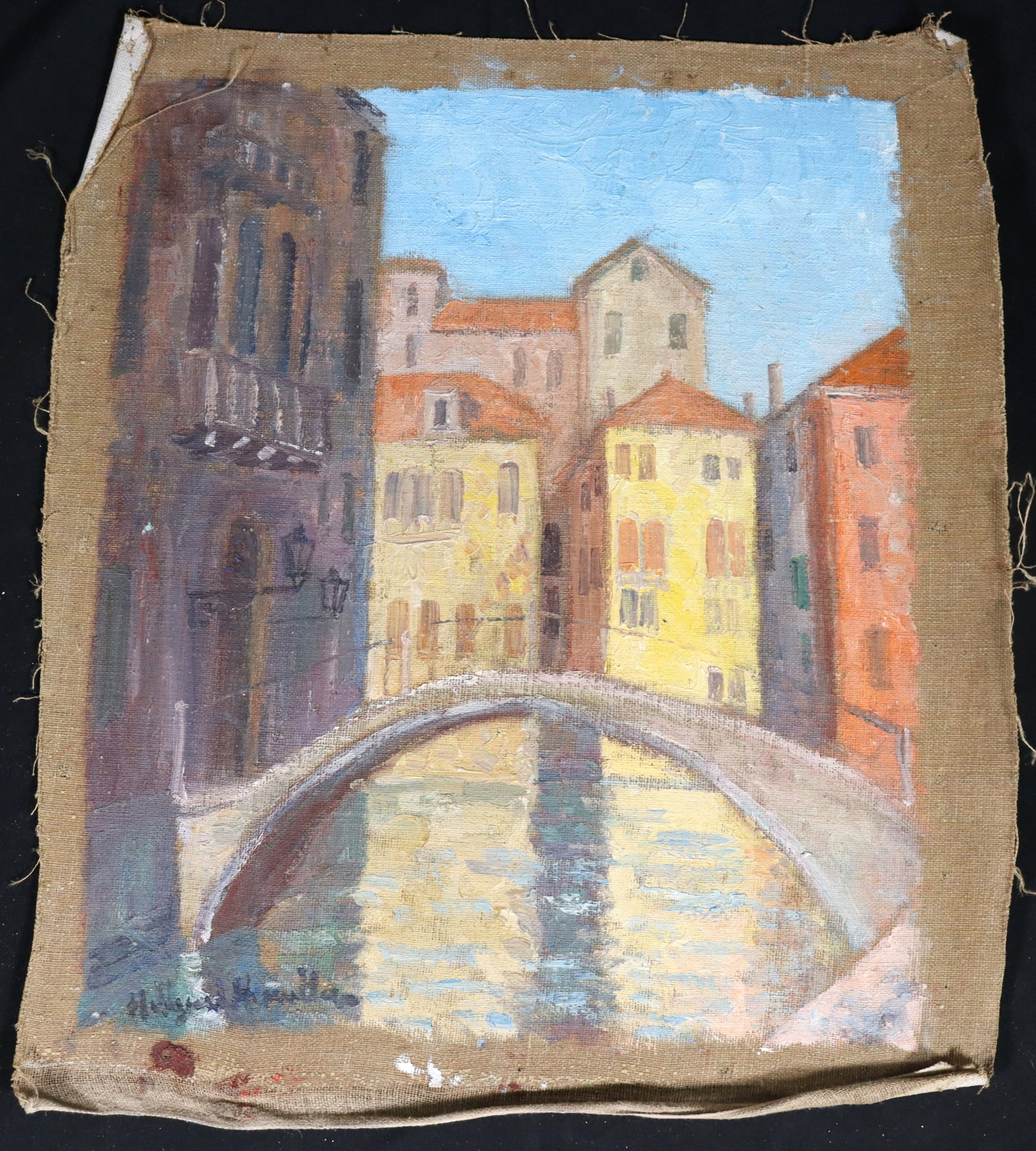Unframed Oil on canvas signed Hildegarde Hamilton: Unframed Oil on canvas signed Hildegarde Hamilton, Venice Hildegarde Hamilton, American (1898 - 1970) DIMENSIONS: Height 18 inch / 45,7 cm &nb