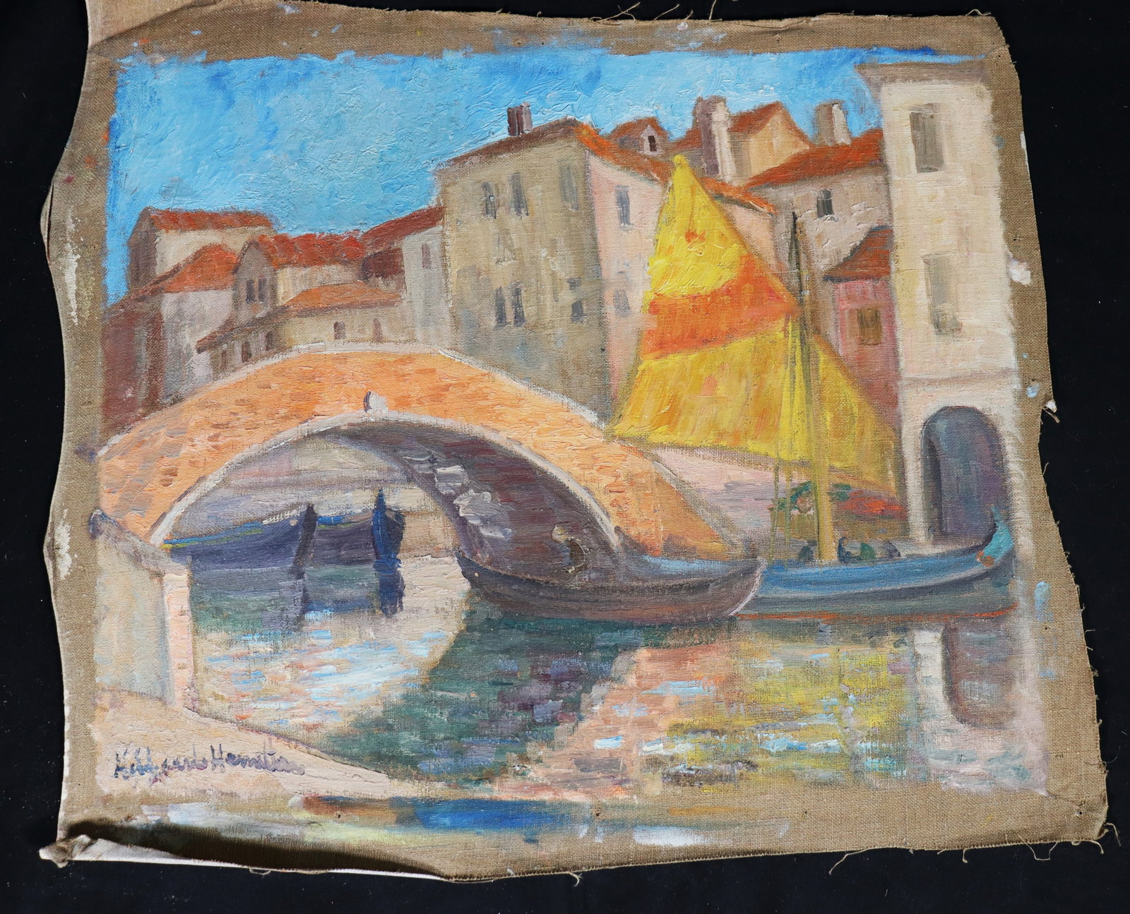 Unframed Oil on canvas signed Hildegarde Hamilton: Unframed Oil on canvas signed Hildegarde Hamilton, Venice Hildegarde Hamilton, American (1898 - 1970) DIMENSIONS: Height 15 inch / 38,1 cm 