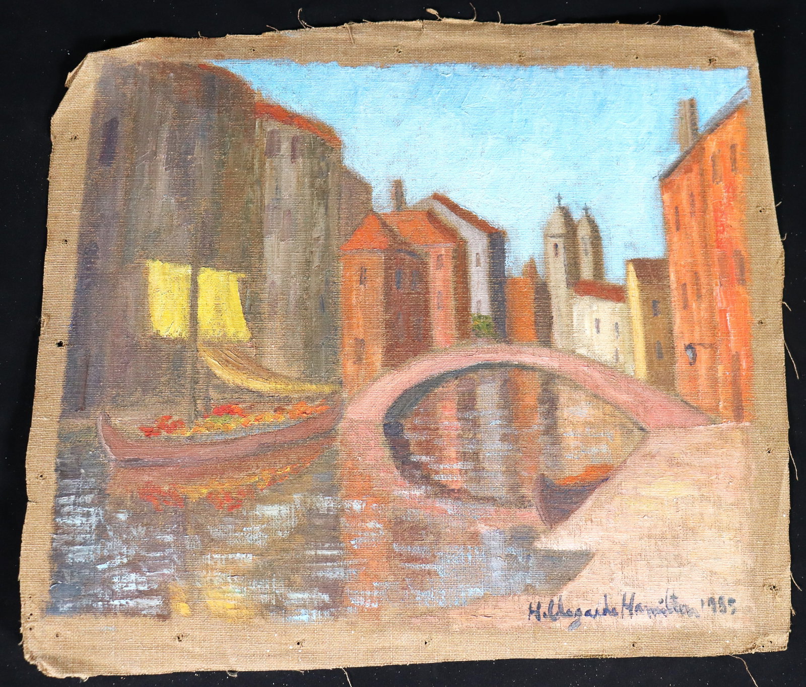 Unframed Oil on canvas signed Hildegarde Hamilton and dated 1955: Unframed Oil on canvas signed Hildegarde Hamilton and dated 1955, Venice Hildegarde Hamilton, American (1898 - 1970) DIMENSIONS: Height 15 inch / 38,1 cm 