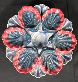 French Dark Blue Rose Majolica Oyster Plate