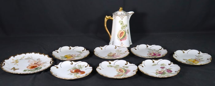 Vintage Plates (7), one plater and one Coffee Pot, each painted with branches of various fruit (9