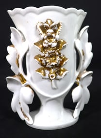Style of Old Paris French Spill Vase White Gold Gilt Applied Flowers