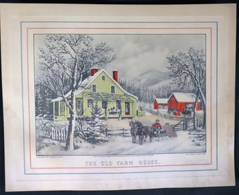 Framed Colored Print Titled the OLD FARMHOUSE Published by Currier & Ives 125 Nassau St