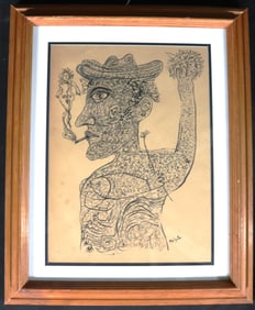 Framed Ink on Paper signed Samuel Feijoo