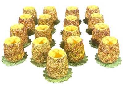 17 Hand-Made Ceramic Pineapple Goblets and 17 small pineapple plates