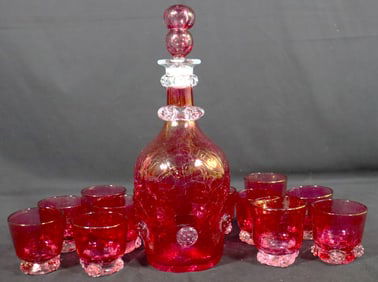 Vintage Cranberry Crackle Glass Decanter with Stopper, and 12 cranberry mini–Glass Cups