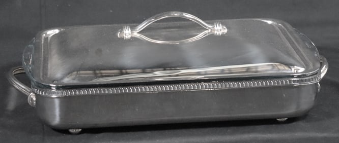 Vintage SIOM Silver Plate Rectangular Chafing Dish with Pyrex Baking Dish