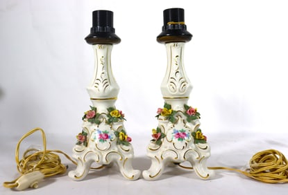 Pair of Ernst Bohne Dresden Porcelain Lamp with floral decoration