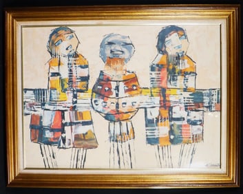 Framed Mixed Media on paper signed Solomon Sekhaolelo Titled Village Band